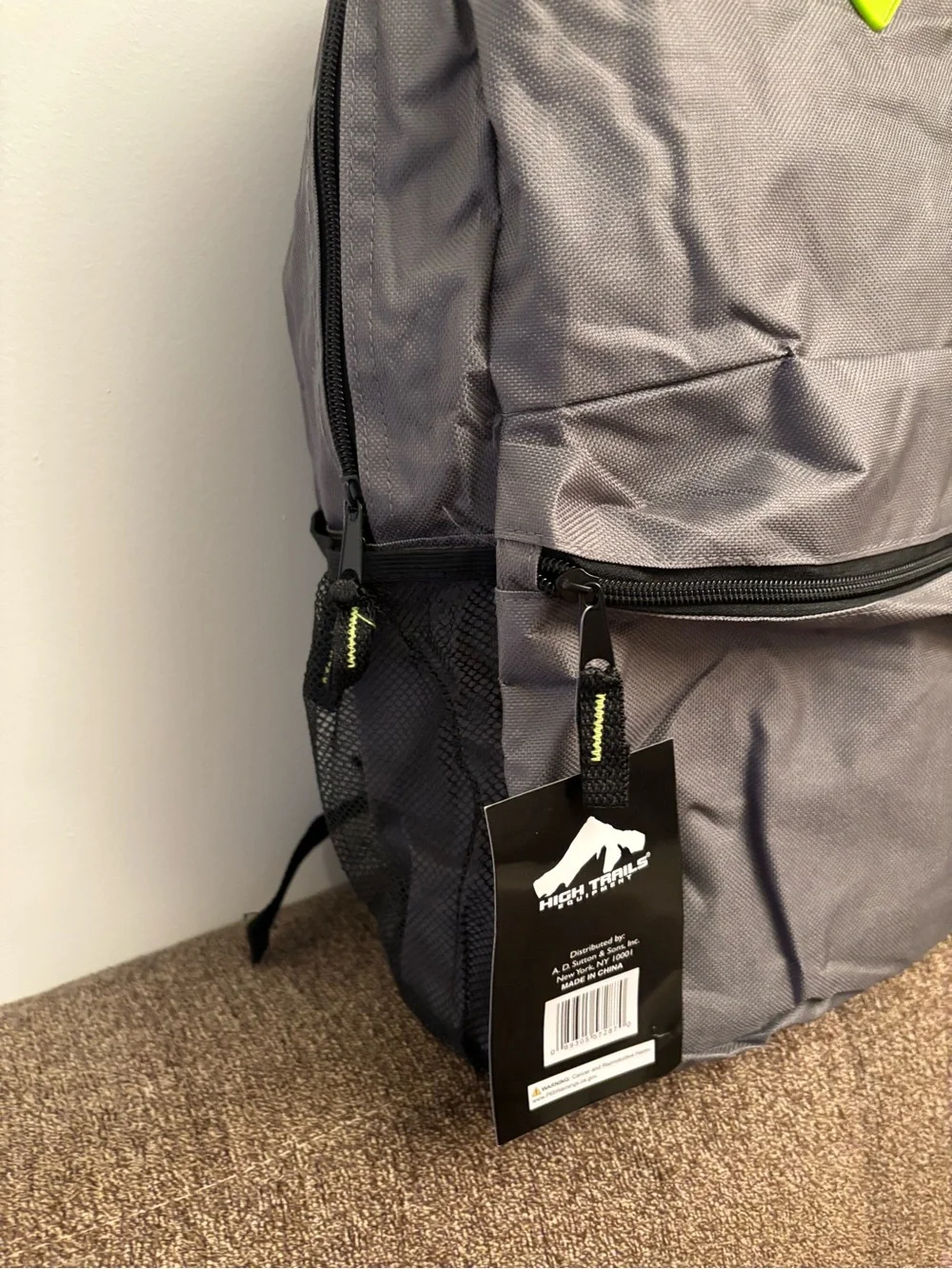 Gray unisex  Backpack with Lime Accent - Casual Everyday Bag